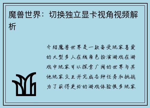 魔兽世界：切换独立显卡视角视频解析